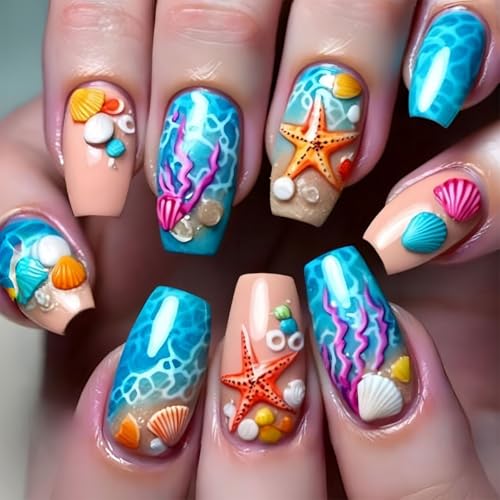 Summer Press on Nails Medium Length Fake Nails Blue Coffin Shaped...