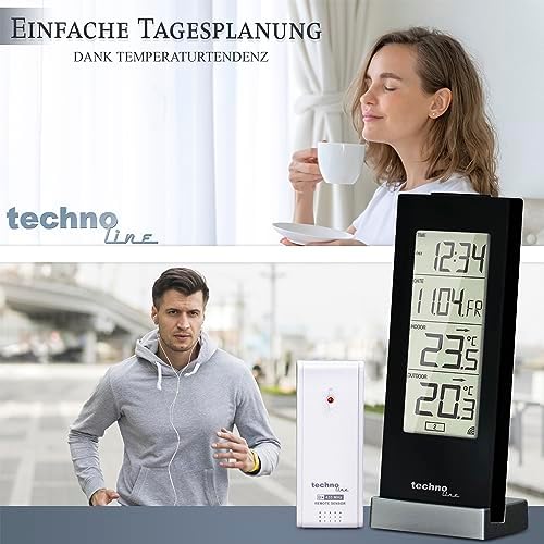 Technoline WS 9767 Termometr Bezprzewodowy z Zegarem, Czarny, 6.4 x 4.5 x 16.5 cm