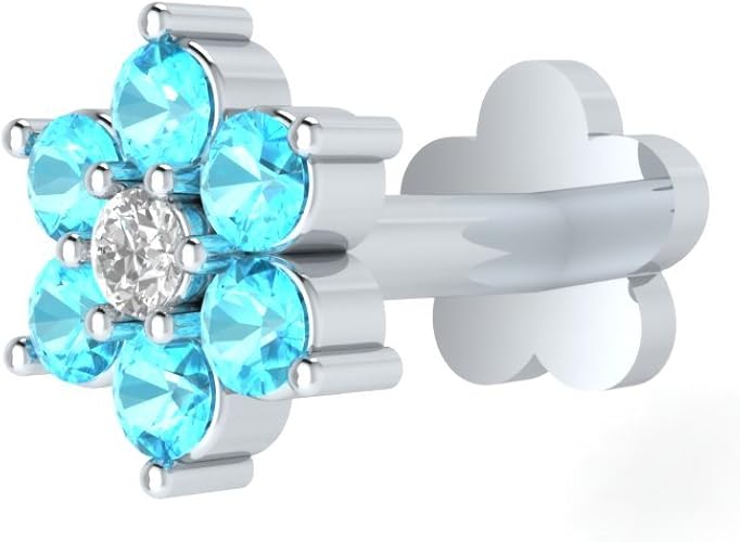 Amazon Demira Jewels 14 Kゴールドrealブルートパーズ ダイヤモンド花鼻リップラブレットピアススタッドスクリューピン ジュエリー 通販