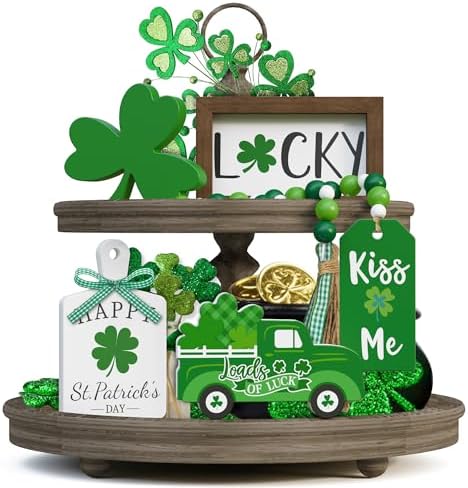 St. Patrick's Day Tiered Tray Decor set - 5 Pcs Shamrock Wooden S...