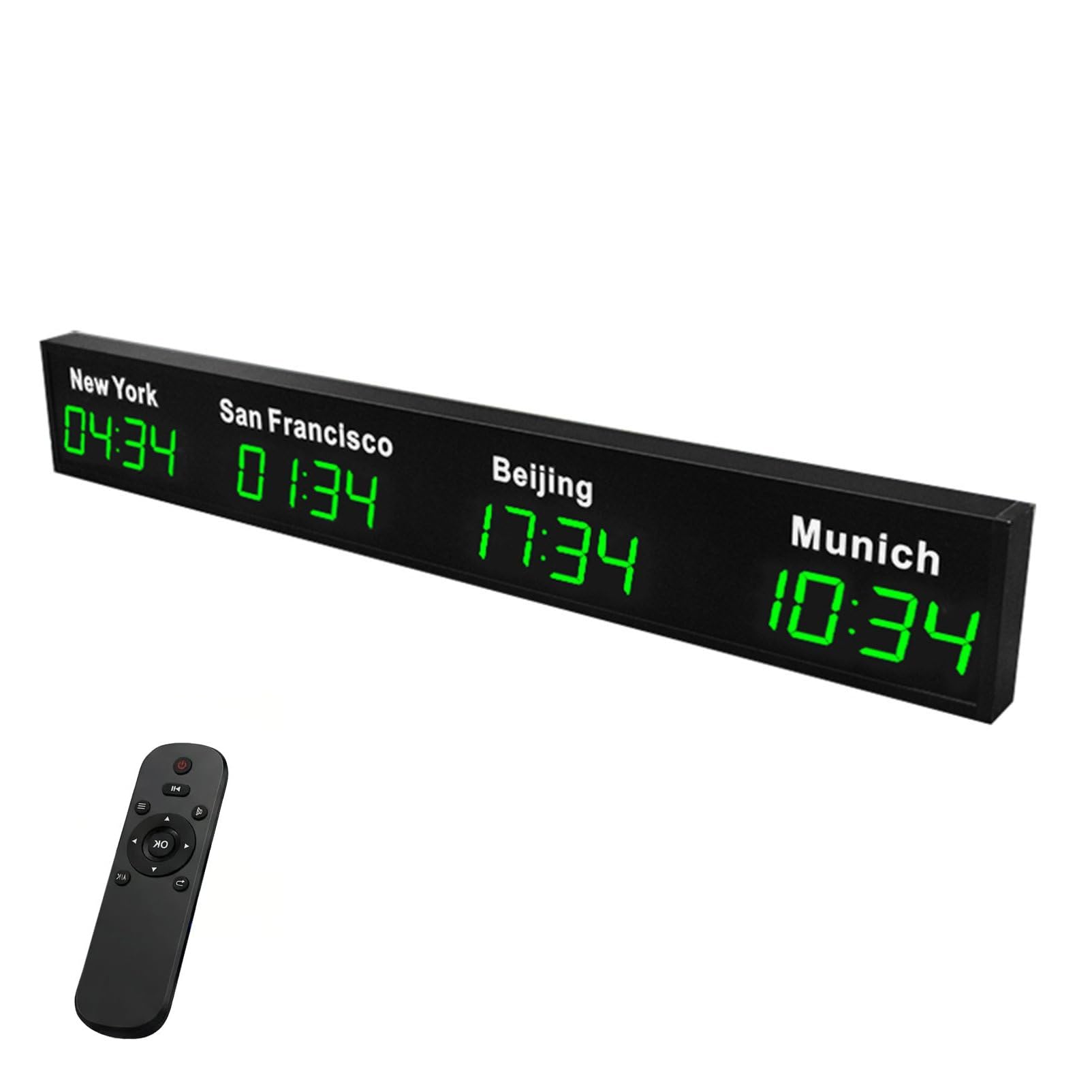 Reloj digital multizona horaria con control remoto, pantalla para oficina, hotel, aeropuerto, sala de conferencias, nombre de 4 ciudades, útil para empresas multinacionales