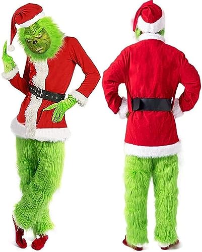 Traje De Navidad For Adultos Grinch,Disfraz De Papá Noel De Lujo Con Máscara Fiesta Del Día De Navidad Disfraz De Baile 7 Uds (Color : A, Size : L)