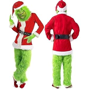 Traje De Navidad For Adultos Grinch,Disfraz De Papá Noel De Lujo Con Máscara Fiesta Del Día De Navidad Disfraz De Baile 7 Uds
