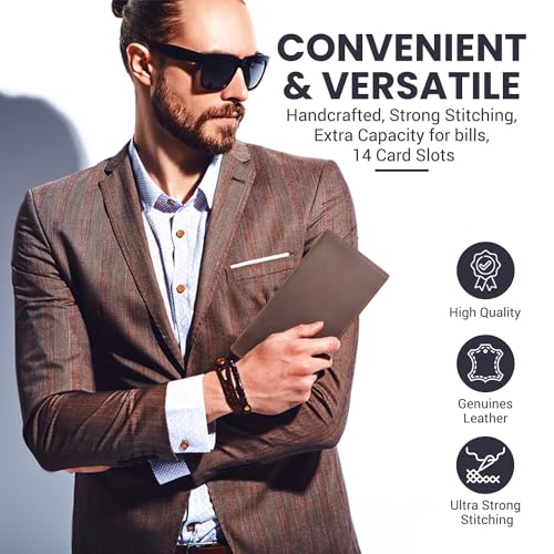 Long Wallets for Men, Genuine Leather Long Bifold Wallet Checkbook Wallets, RFID Blocking, Vintage Leather Long Wallet for Checkbook Credit Cards (Dark Brown)4