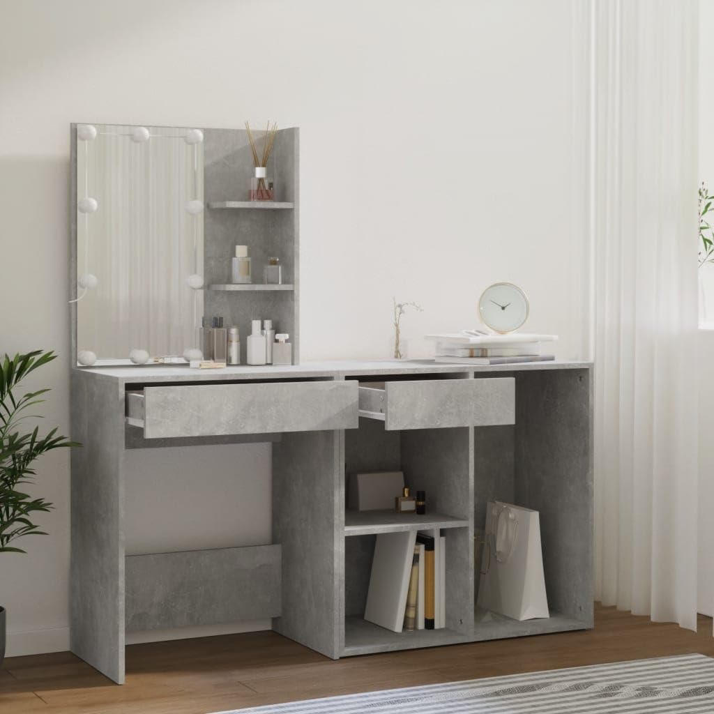 LED-Schminktisch mit Schrank Betongrau Holzwerkstoff 60x40x140 cm Frisiertisch Kosmetiktisch mit Spiegelkommode und Stauraum für Make-up und Kosmetik im Schlafzimmer oder Ankleidezimmer