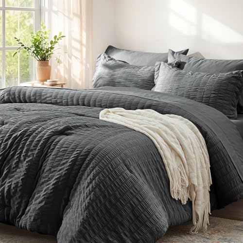 Image of Zzlpp Queen Comforter Set 7 pieces, Dark Grey Seersucker Bed in a Bag with Comforter and Sheets, All Season Bedding Sets with 1 Comforter, 2 Pillow Shams, 2 Pillowcases, 1 Flat Sheet, 1 Fitted Sheet