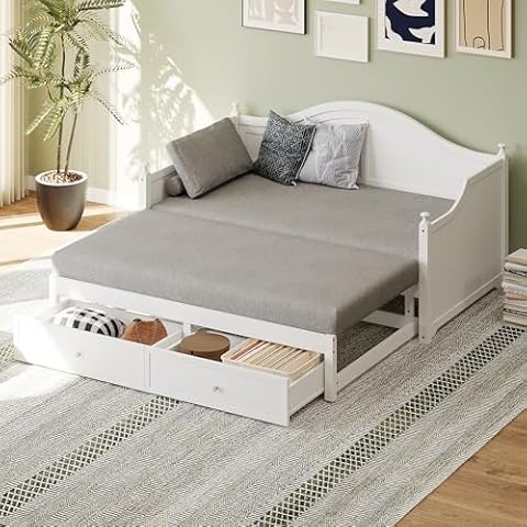 BEQAI Twin Size Daybed with Trundle Bed and 2 Storage Drawers, Wooden Pull Out Day Bed Frame, Twin to King Daybed for Kids, Teens, Adults, 440 Pounds Capacity, Not Included Mattress, White Cover