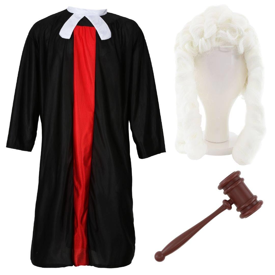 Judge & Gefangener Duo Kostüm Set – Schwarz & Rot Robe, Perücke, Hammer Orange Häftling Scrub Anzug & Metall Handschellen – Erwachsene Paare Legal Verkleidung Outfits