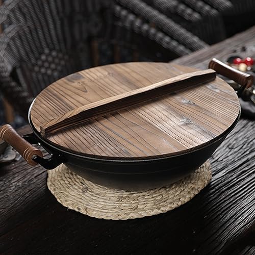 Cast Iron Wok Cookware, Chinese Non Stick Wok and Stir Fry Pans with Wooden Lid & Round Bottom,38cm (32cm)