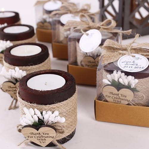 Pack of 10 Wood Tealight Candle Holder, Bridal Shower Tealight Holder Thank You Gifts, Wedding Party Favors for Guests, Wooden Cylinder Candle Holders for Table Centerpiece (Heart Tag, Dark Brown) - Thumbnail 2