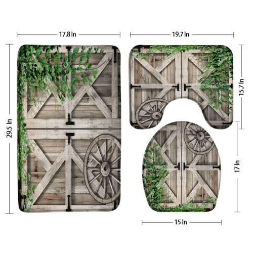 3pcs Rustic Wooden Board Bathroom Sets with Non-Slip Rug,Toilet Lid Cover and Bath Mat,Spring Green Vine Leaves Farmhouse Vintage Wooden Wheels Garage Barn Door Bathroom Carpett Bath Mat Toilet Rugs
