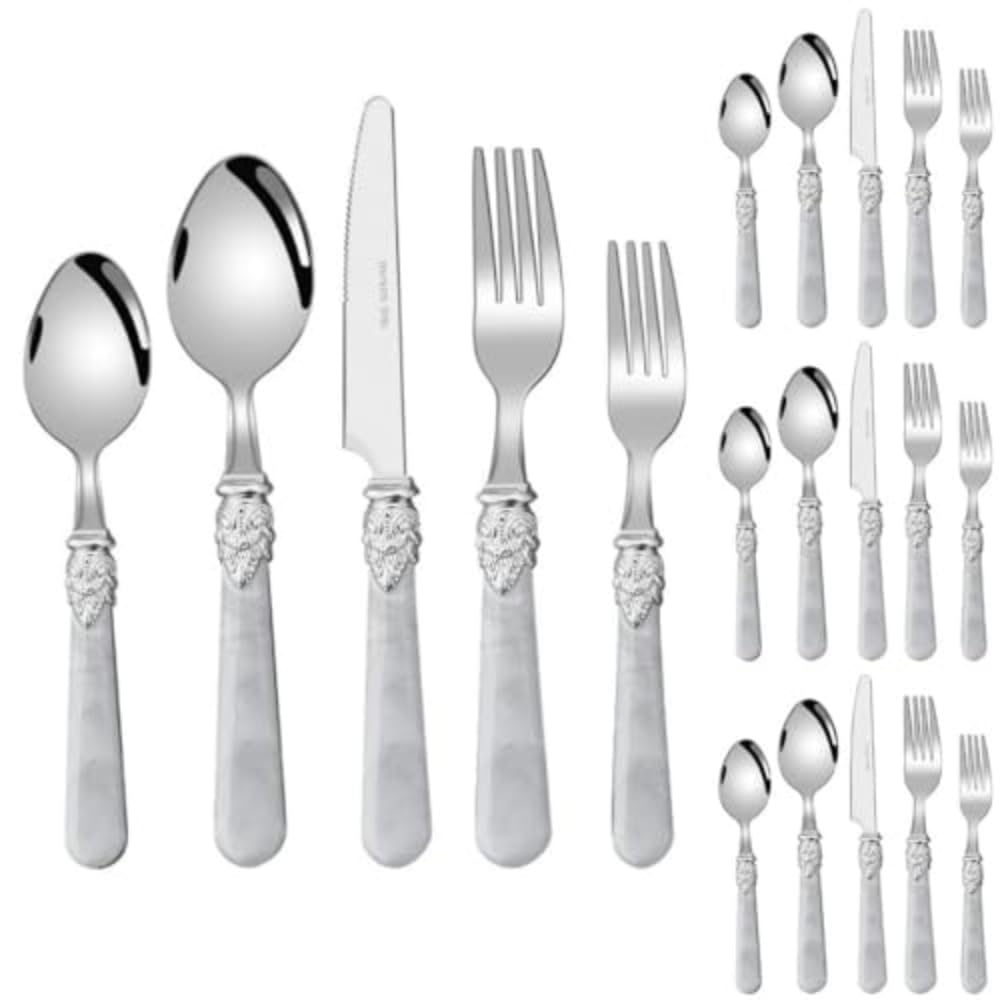 Marmo Manico Argenteria Stoviglie Set Acciaio Inox Posate Bistecca Tavolo Coltello Forchetta Cucchiaio Frutta Cucchiaino (Bianco,20 pezzi)