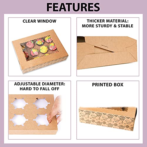 Image of mudrit Kraft Cupcake Boxes with Insert, Brown Cupcake Carrier, Food Grade Kraft Bakery Boxes with Windows and Inserts (10 pcs, 12 holder)