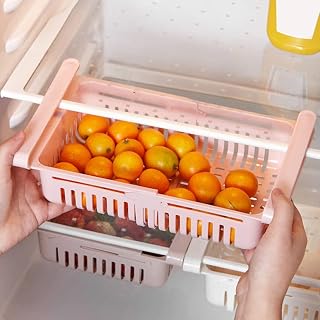 Refrigerator Storage Box, Space Saving Retractable Fridge Drawer Organizer with Breathable Holes and Drainage, for Snacks Fruits Candies Storage (Khaki 20.5 * 16.4 * 7.6)