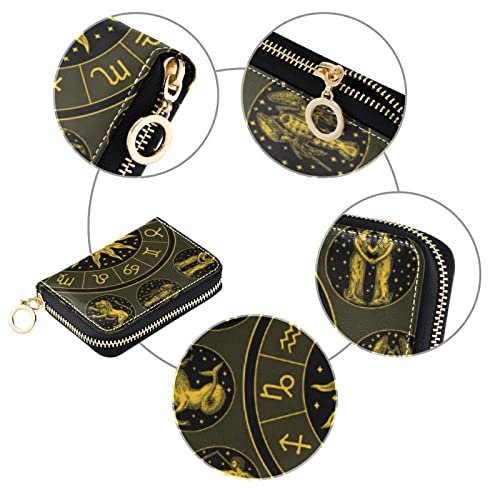 Gold Zodiac Wheel Astrology Horoscope with Circle, Sun and SignsGrey Credit Card Coin wallet, RFID Blocking Compact Women Leather Card Holder, Key Change Organizer, Zipper Purse Clutch Pouch3