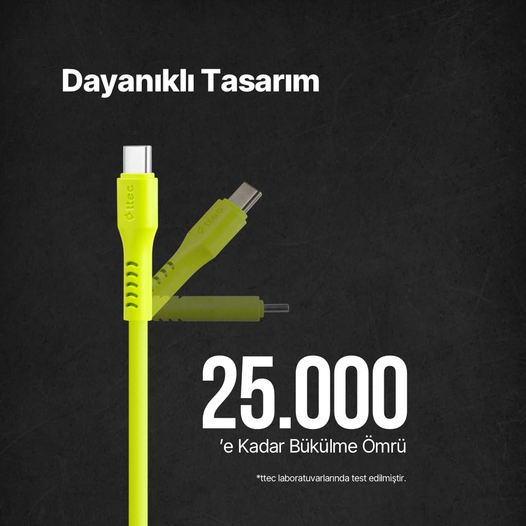 ttec USB-C - USB-C 120cm 60W PD/QC Hızlı Şarj/Data Kablosu Neon 2DK59N (Neon Sarı)