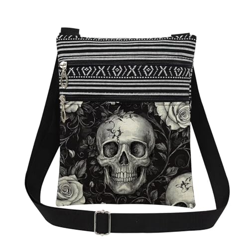 XiaoGalaee Gothic Skull & Rose Crossbody Bag Adjustable Strap Unisex Shoulder Bag for Birthday Gifts Halloween Valentines Day & Gothic Festivals Skull Gift for Women or Men Messenger Bags