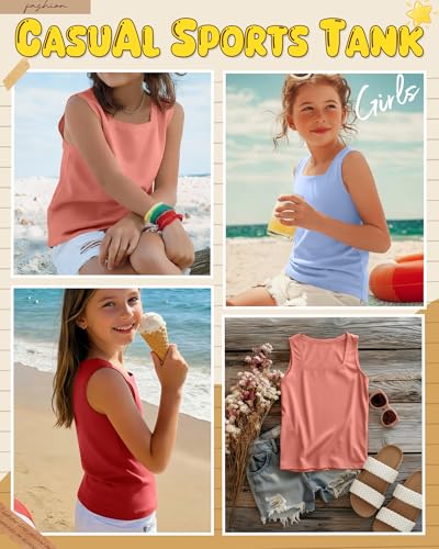 Image of 3 Pack Girls Square Neck Tank Tops | Basic, Sleeveless T-Shirts, Casual Summer Tanks, Kids Undershirts, School, Size 5-14 Years, Comfy, Elasticity