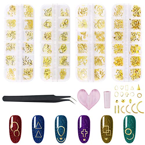 1000Pcs Gold Metal Nail Art Studs Set Metal Nail Micro Beads Studs 3D Nails Supply Gold Art Decorations Charms Heart Star Moon Rivet with Curved Tweezers Professional Embossed Mold Nail Tool