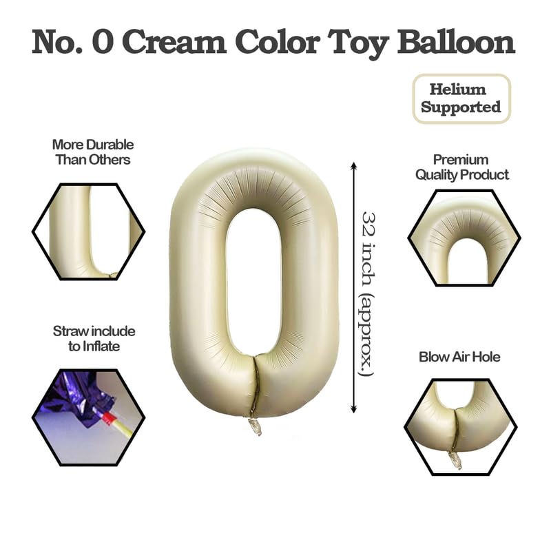 Image of Cream Color 32 Inch Number Helium Foil Balloon For Birthday Decoration Items | Number foil Balloon 0 | Anniversary Decoration Items | Pack of 14