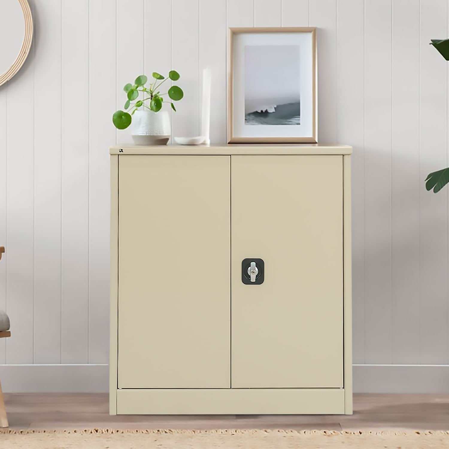 RIGID Low Height Steel Home Cupboard | Heavy Duty Curved Shape Storage Cabinet | 0.7mm Thickness | Compact Organizer Unit for Office & Home (Beige), Pre-Assembled