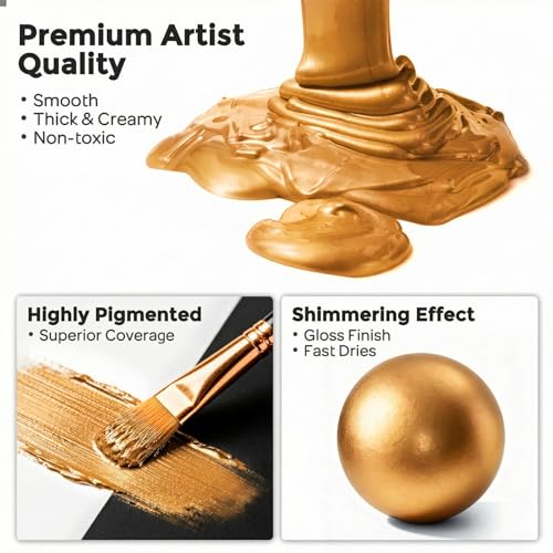 Image of Nicpro Metallic Deep Gold Acrylic Paint, 8.45oz /250ml Large Gold Leaf Paint | Non Toxic, Non Fading Craft Paints for Metal, Wood, Clay, Fabric, Canvas, Furniture, Handcrafts, Art Supplies