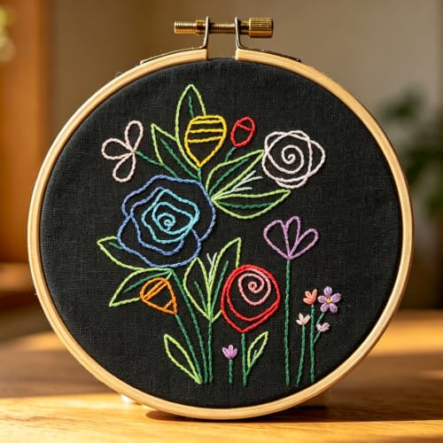 Image of Flowers Embroidery Kits for Adults Beginners, Embroidery Starters Kit, Floral Stamped Cross Stitch Kits Needlepoint Kits for for Beginners Adults Valentine's Day Gifts, Embroidery Hoop, Video Tutorial