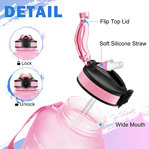 ETDW Motivazionale Borraccia 2 Litro con Marcatori di Tempo [Senza BPA Tritan], Bottiglia Acqua Sportiva con Cannuccia, Borraccia Sportiva a Prova di Perdita ROSA BLU