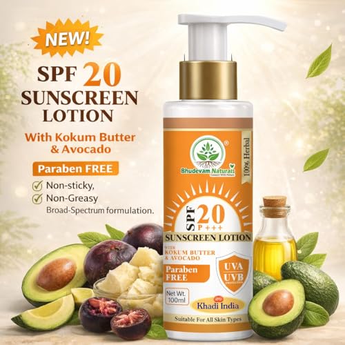 Image of Khadi Sunscreen Lotion SPF 20 with Kokum Butter & Avocado | Protects from Sun Damage & Pigmentation | For Normal, Dry & Sensitive Skin - 100ML