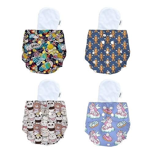 Image of Bumtum Baby Diaper | 0-3 Yrs Baby Freesize | Pack of 4, New Born Baby Diaper, Cloth Diaper, Waterproof Reusable Diaper, Washable, Cotton, Extra Soft (Teddy, Unicorn, Teddy Face & Space Old)
