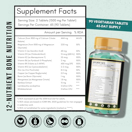 Image of Calcium and Vitamin D3 Tablets | 15 Actives: Calcium Magnesium Zinc with K2 MK-7 & Probiotics | Gentle on Stomach . High Absorption | Bone Health Supplement | 90 Veg Tablets (45 Days)
