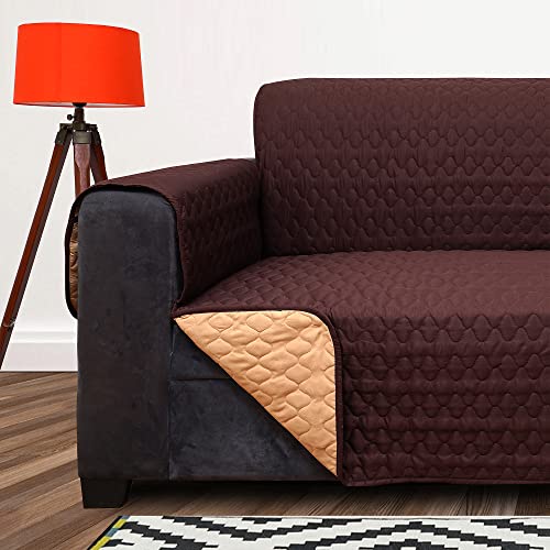 Image of Lithara 3 Layers Soft Quilted Reversible Sofa Cover 2 Seater with Pockets | Dust Protective Quilted Fabric Sofa Seat Cover Coffee & Beige