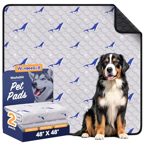Image of Washable Dog Pee Pads, Non-Slip Waterproof, 48 x 48 in, 2 Pack, Dolphin | Super absorbent, waterproof and non-slip; washable, reusable dog pads for crates, playpens, floors, furniture and travel
