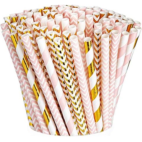[200 Pack] Pink & Gold Paper Drinking Straws Cover