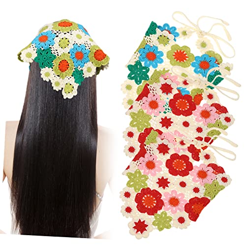 BESTYASH 3pcs Floral Headscarf Spa Head Wraps Crocheted Hair Bandana for Women Flower Pattern Soft Elastic Breathable