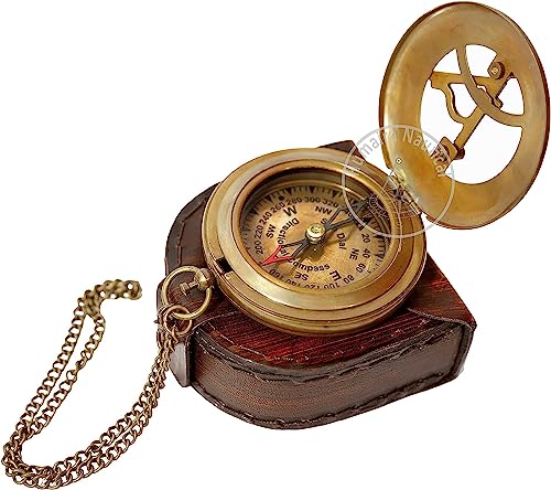 Brújula de brújula de sol de latón con estuche de cuero y cadena miniatura 7