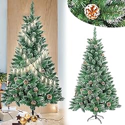 Aufun Árbol de Navidad Artificial PVC, con Soporte, 1,5m Abeto Navidad Fácil Montaje (150cm, Efecto Nieve + piñas)
