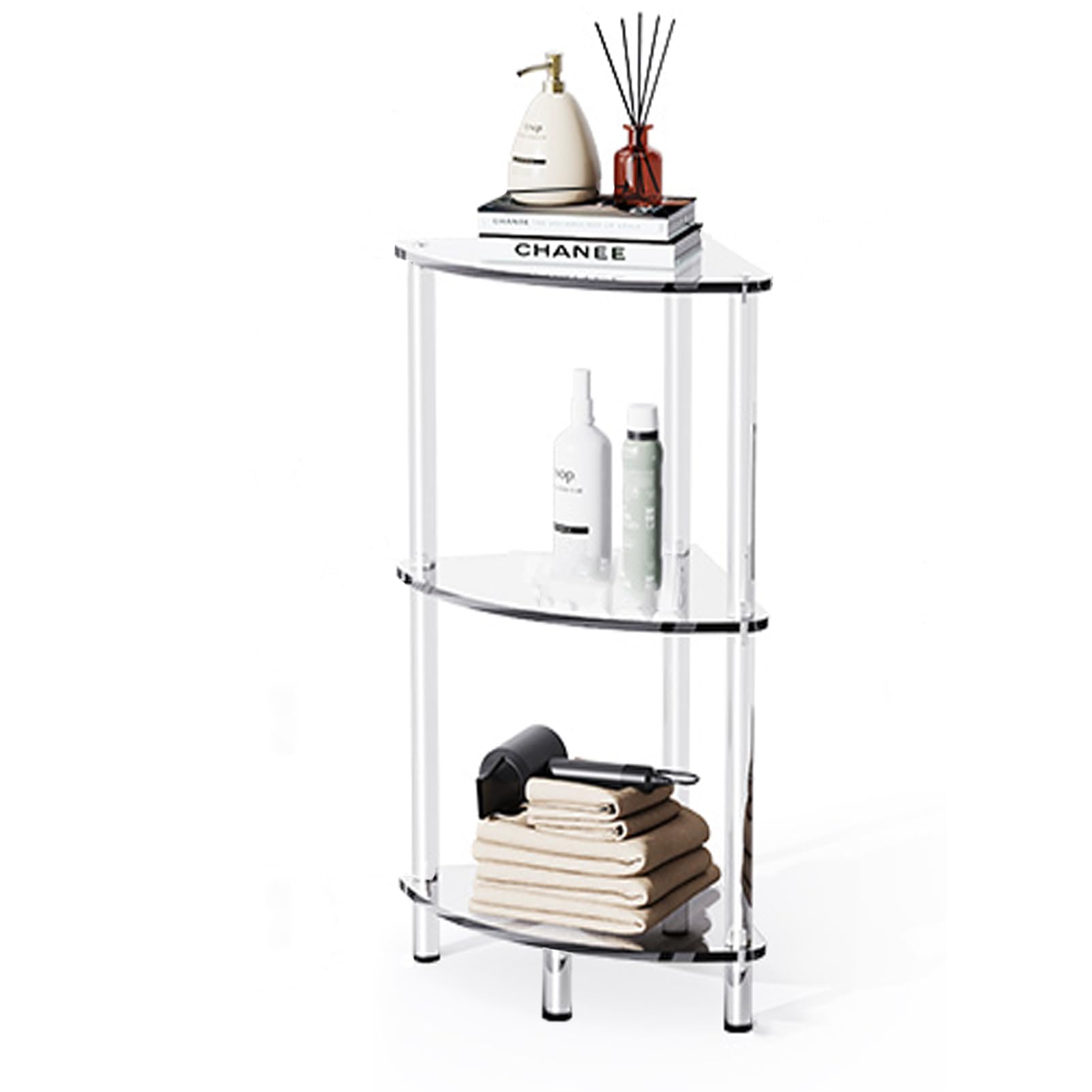 Dewonme Small Corner Shelf,Bathroom Free Standing Corner Unit,Clear Acrylic Corner Unit,Tower Compact Storage Shelves for Living Room, Bathroom,Bedroom,Office（ 3-Tier ）