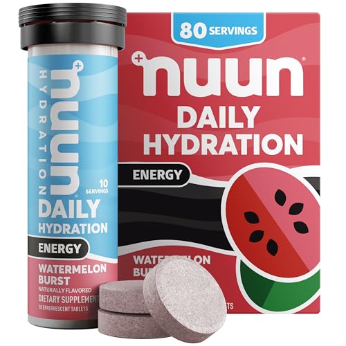 Image of Nuun Energy Electrolyte Tablets with Ginseng, Caffeine from Green Tea Extract, Vitamin B12, B6, B5, Magnesium & 4 Other Electrolytes, Gluten Free & Vegan, Watermelon Burst, 8 Pack (80 Servings Total)