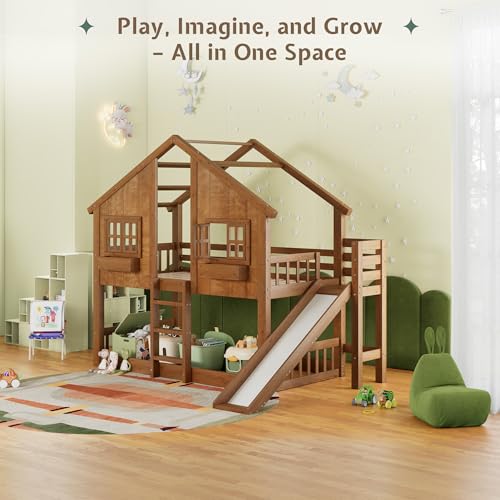 Image of Jocisland Twin Over Twin Bunk Bed with Slide and Ladder, Solid Wood, Oak | Play House Bunk Bed, 14 inch Safety Guardrails, Window Box Shelf, No Box Spring Needed, Noise-Free, Easy assembly