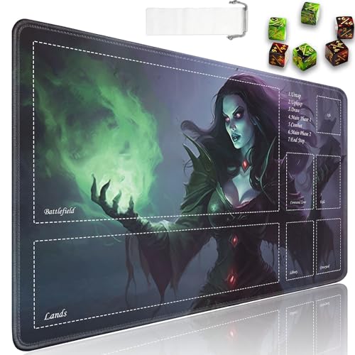 JVGFYNKL Tapis de jeu TCG avec zones, 61 x 35,6 cm, caoutchouc antidérapant pour tapis de jeu MTG avec pochette de voyage à cordon et 6 dés, nécromancien pour tapis MTG, tapis de jeu de cartes