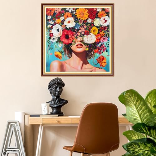 Image of Fanxvivy Stamped Counted Cross Stitch Kits for Adults Printed Cross-Stitch Patterns 11CT Stamped or Counted Cross Stitching Embroidery Kit Needlepoint Kits-Colorful Flower Girl 18x18 inch