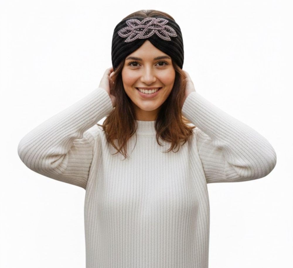 Boho Knitted Headband Winter Ear Warmer - Black | Elastic Knit Ear Warmers | Winters Headband for Women & Girls | Comfortable, Stretchable & Thick Headwrap-image-18