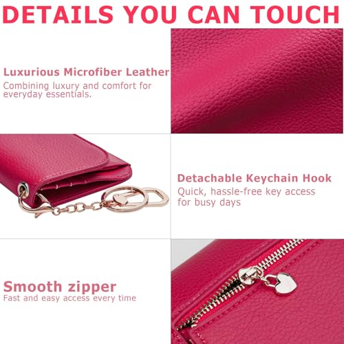 Image of Women Small Wallet RFID Blocking Slim Wallet with Coin Pocket Tri-Fold Credit Card Holder with ID Window and Keychain (Red)