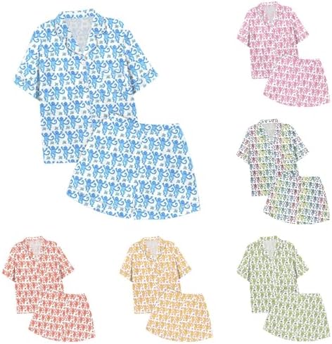 Girls Kids Pajamas Set Animals Floral Print Short Sleeve Button Shirt and Shorts 2 Piece Pjs Set Roller Dupes Rabbit Preppy