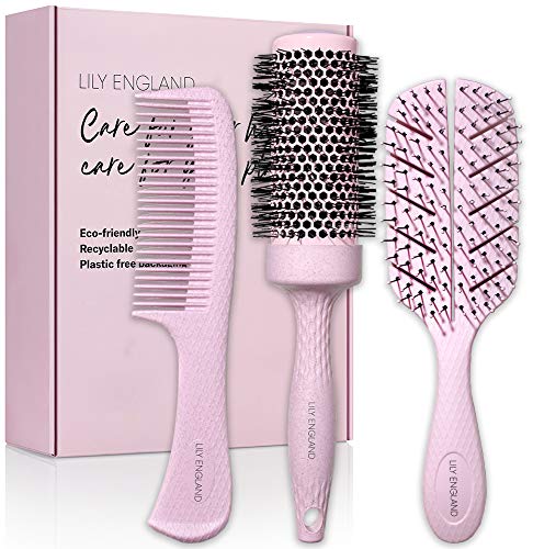 Eco Hair Brush Set for Women - Detangling Brush, Round Brush and Comb Sustainable Gift for Girls by Lily England, Pink
