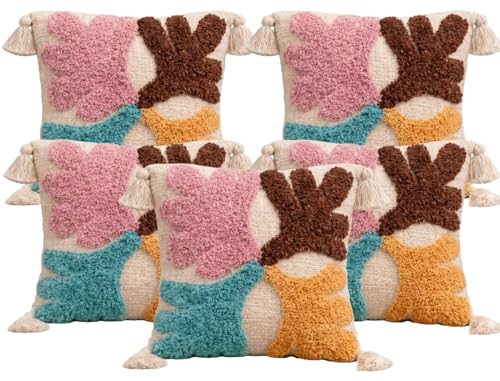 Image of Cushion Cover Pack of 5 (16x16 Inches) | Cotton Textured Decorative Throw Pillow Case for Sofa Bed Living Room Leaf Tufted Cushion Cover with Tassels (Multicolor)