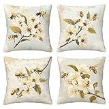 Outdoor Kissenbezug 40x40 Retro Outdoor Kissenbezüge Wasserdicht Leinen Zierkissenbezug Biene Dekorativ Sofakissen Wetterfeste Kissenhülle Dekokissenbezug für Sofa Couch Zimmer Garten Balkon C-6