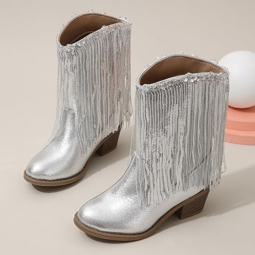 Girls Fringe 𝗥hinestone Tassel Cowboy Boots Western Cow-Girl Pointed Toe Block High Heel Zipper Knee High Boots4