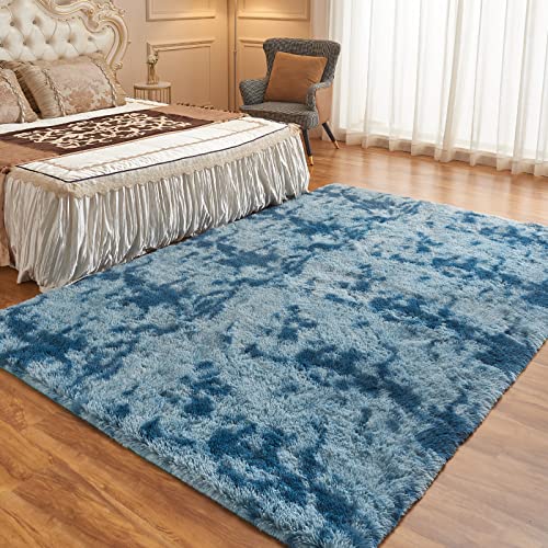 Arbosofe Fluffy Soft Area Rugs For Bedroom Living Room, Tie Dyed Blue Shaggy Rugs 5 X 7 Feet, Carpet For Kids Room, Throw Rug For Nursery Room, Fuzzy Plush Rug For Dorm, Cute Room Decor For Baby #TOP6